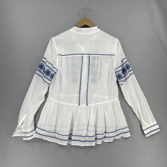 Derek Lam 10 Crosby Blouse Sz 4 White Blue Ailani Embroidered Sheer Coastal Chic - Picture 9 of 9